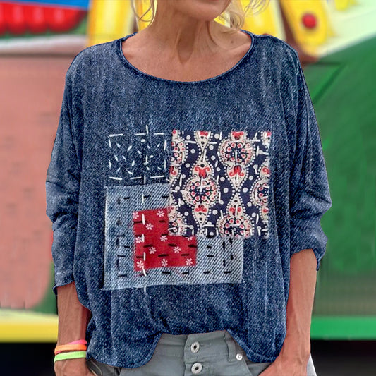 Women's  Vintage Geometric Embroidery Art Cozy Linen Crew Neck T-shirt elevenforest