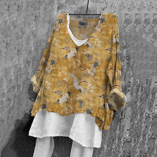 Comstylish Japanese Art Crane Print V-Neck Casual Loose Linen Blend Blouse