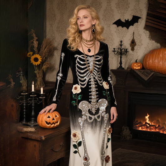 Vintage Halloween Skeleton Bones With Roses Flowy Velvet Maxi Dress elevenforest