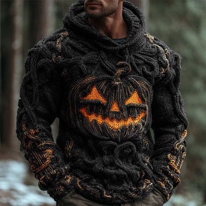 Halloween Pumpkin Emoji Men's Chunky Knit Hooded Sweater elevenforest