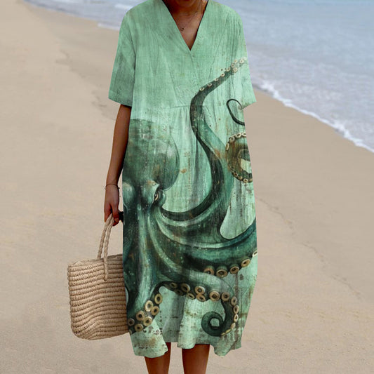 Women's Octopus Art Print Linen Blend Dress elevenforest