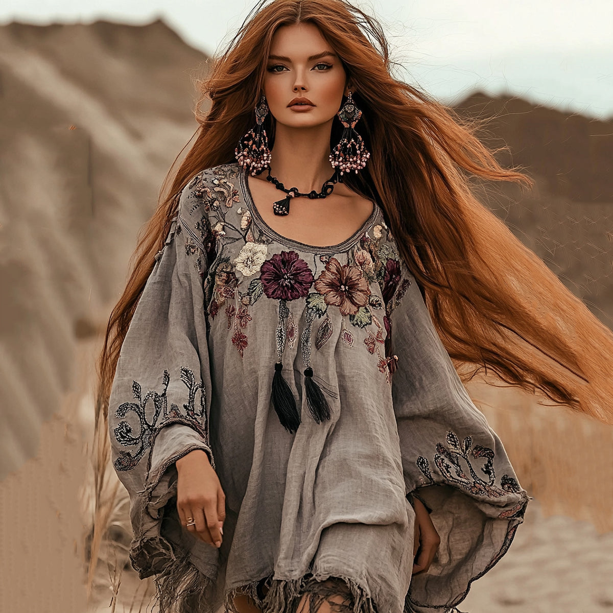 Boho Floral Embroidery Art Cotton And Linen Blend Casual Blouse artswardrobe