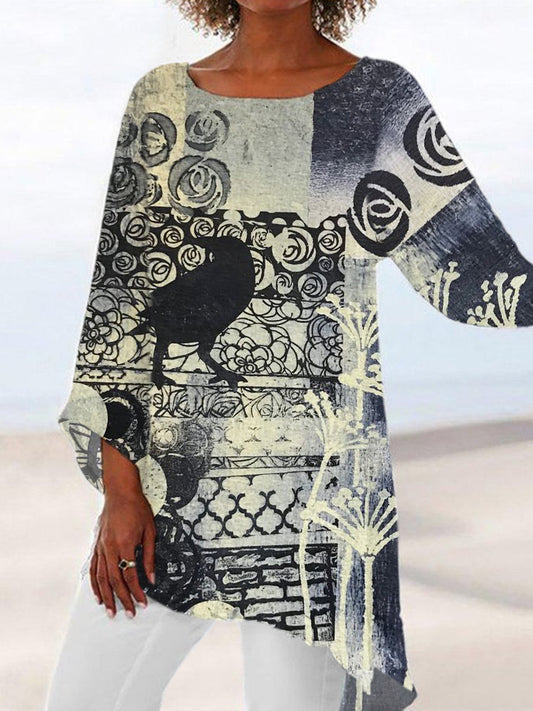 Comstylish Raven & Rose Vintage Pattern Women's Linen Long Shirt