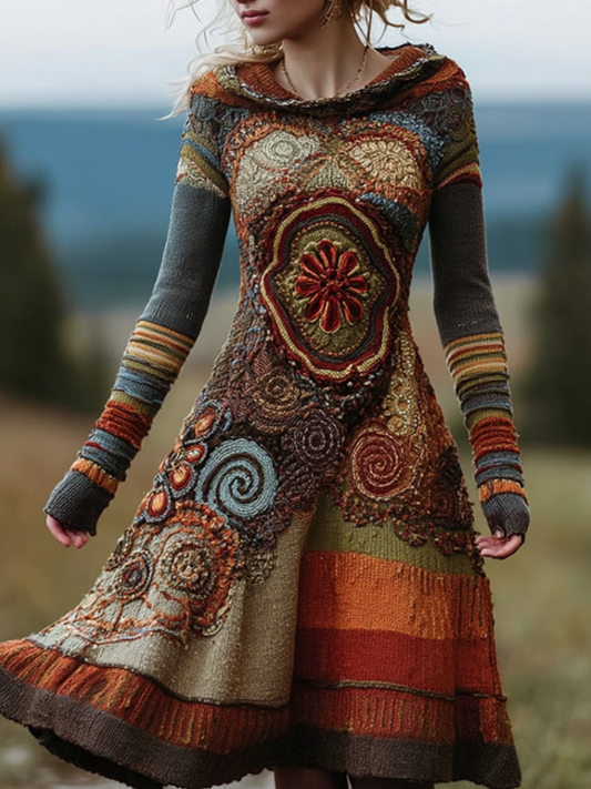 Comstylish Bohemian Style Autumn And Winter Warm Women's Hooded Knitted Sweater Dress