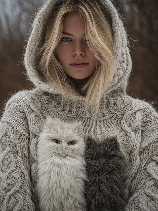 Cute Fuzzy Cats Embroidered Cozy Hooded Sweater