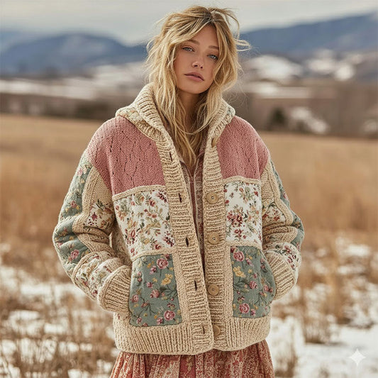 Women's Floral Patchwork Comfortable Hooded Knitted Sweater artswardrobe