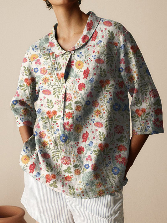 Women's Floral Art  Print Casual Linen Cotton 3/4 Sleeve Shirt