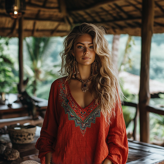 Retro Boho Tribal Art Embroidery Print Cotton And Linen V-neck Loose Shirt elevenforest