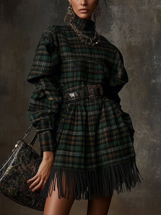 Tartan High-Neck Fringe Hem Mini Dress With Belt