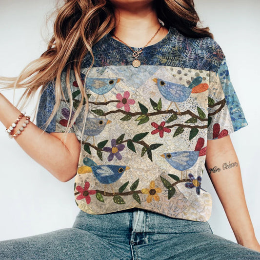 Women's Flower And Bird Art Round Neck T-shirt elevenforest