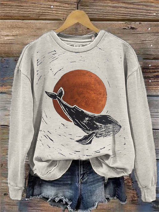 Whale & Sunrise Japanese Lino Art Sweatshirt elevenforest