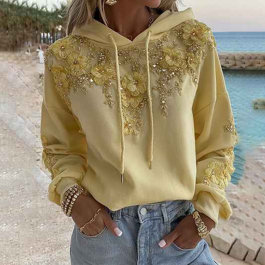Women's Bohemian Yellow Floral And Gold Roses Embroidery Art Long Sleeve Hoodie elevenforest