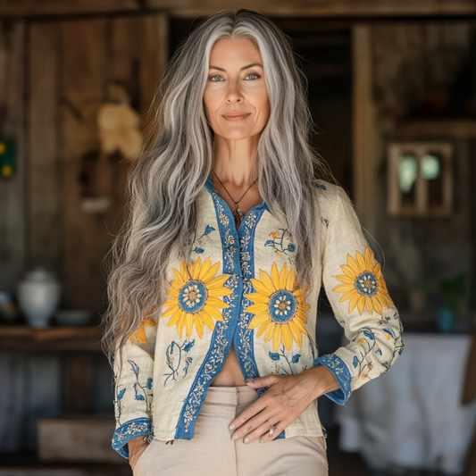 Bohemian Linen Floral Ukraine Sunflower Gradient Art Print  Long Sleeve Shirt elevenforest