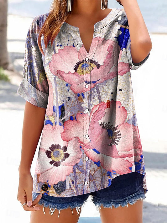 Women's Floral Pattern Art Print Cotton Linen Casual Shirt