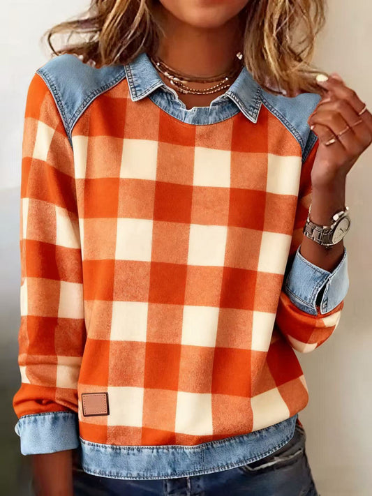 Women's Casual Lapel Plaid Pullover Sweatshirt 
