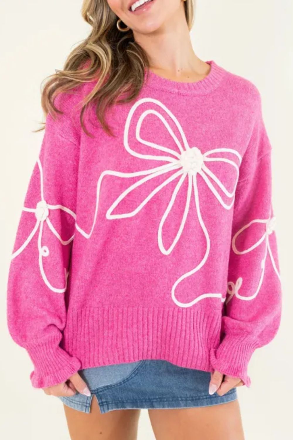 Maria José® | Round neck sweater with dropped shoulder and bow