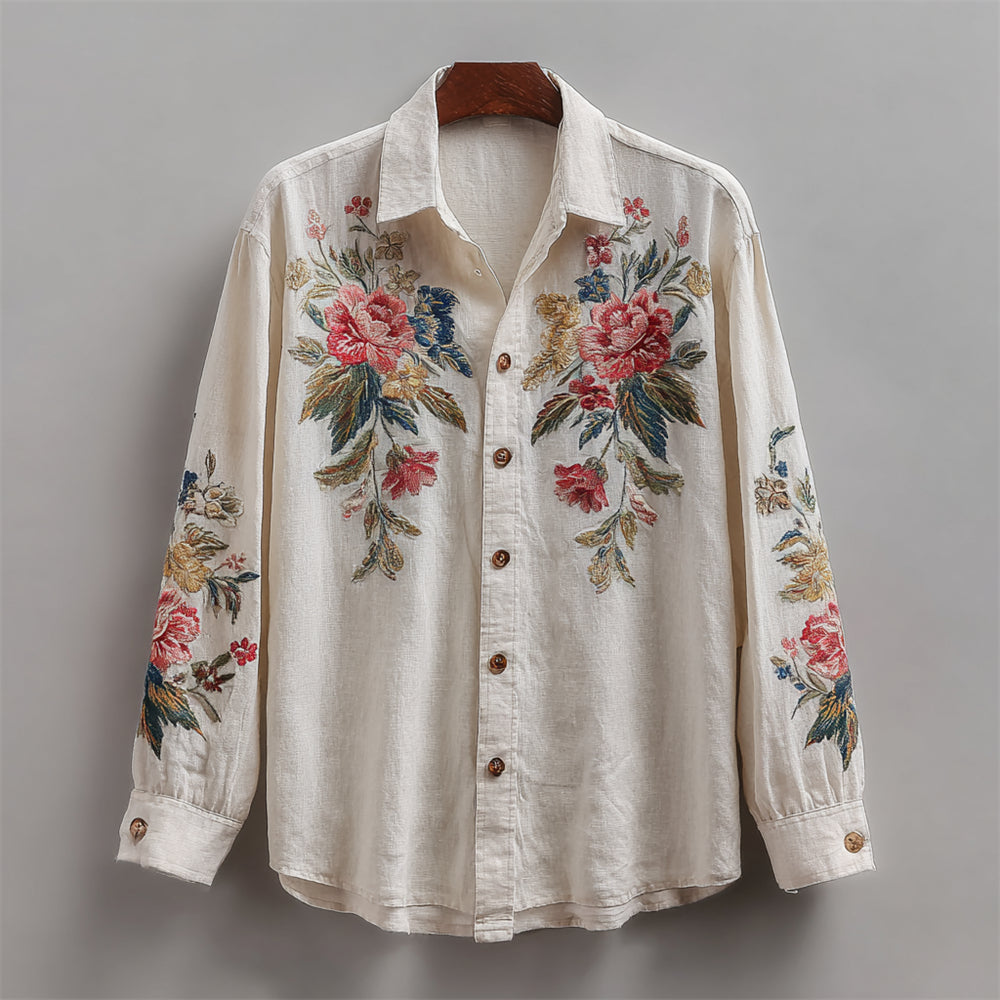 Vintage Boho Floral Embroidery Men's Linen Long Sleeve Shirt elevenforest