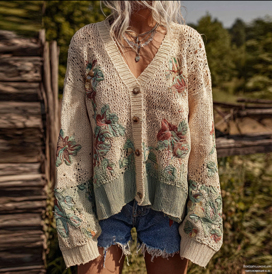 Comstylish Bohemian Style Plant Flower Pattern Embroidery Women's Knitted Sweater Coat