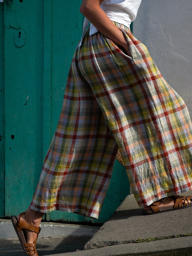 Women's Vintage Plaid Linen Blend Casual Pants elevenforest