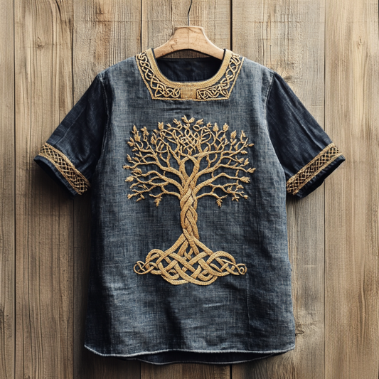 Men's Viking Tribal Tree Of Life With Celtic Knotwork Embroidered Linen Round Neck T-shirt elevenforest