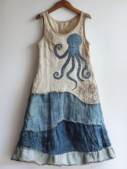 Octopus Pattern Patchwork Art Linen Blend Dress elevenforest