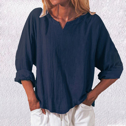 Comstylish Casual Loose V-Neck Linen Long Sleeved Blouse