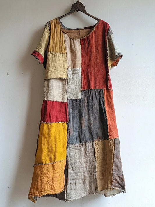 Vintage Patchwork Art Linen Blend Midi Dress elevenforest