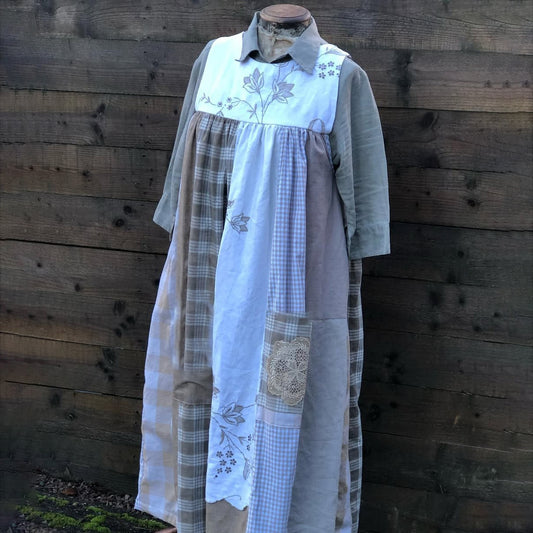 Women's Retro Plaid Pattern Floral Patch Art Sleeveless Linen Dress elevenforest