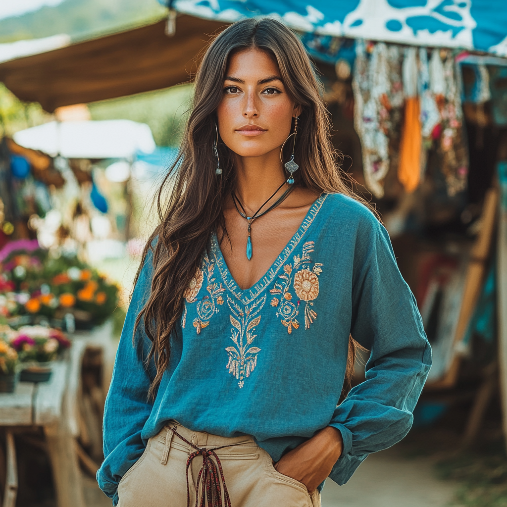 Casual Bohemian Embroidered Linen V-neck Shirt elevenforest