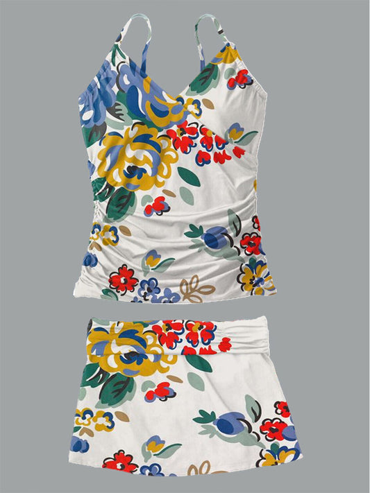 Women's Summer Floral Print Casual Suspender Shirred Swimsuit Set