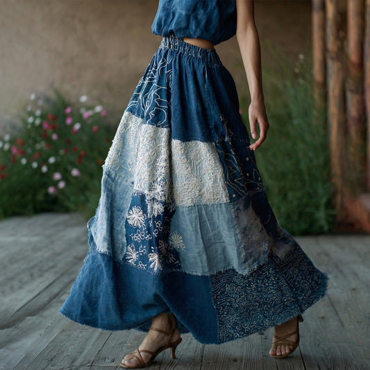 Women's Retro Floral Lace Embroidery Patchwork Art Linen Blend Casual Midi Skirt elevenforest
