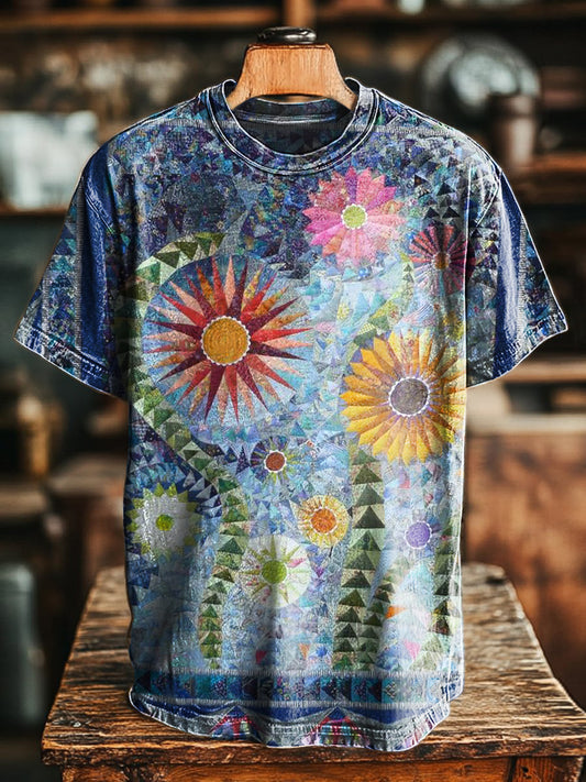 Unisex Vintage Floral Art Printed Casual Round Neck Short Sleeve T-Shi