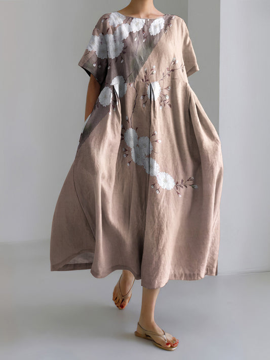 Japanese Art Flower Print Short Sleeve Casual Midi Dress