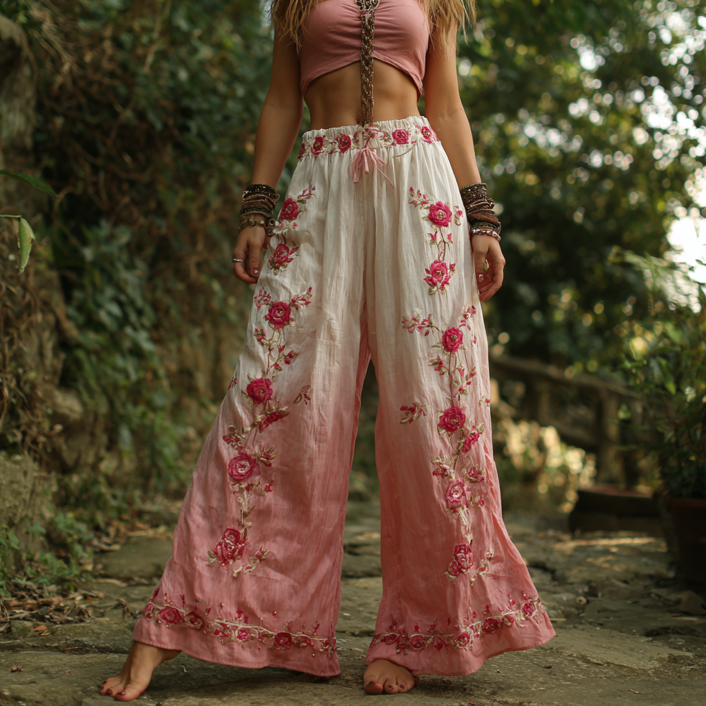 Women's Vintage Floral Embroidered Linen Casual Wide Leg Pants elevenforest