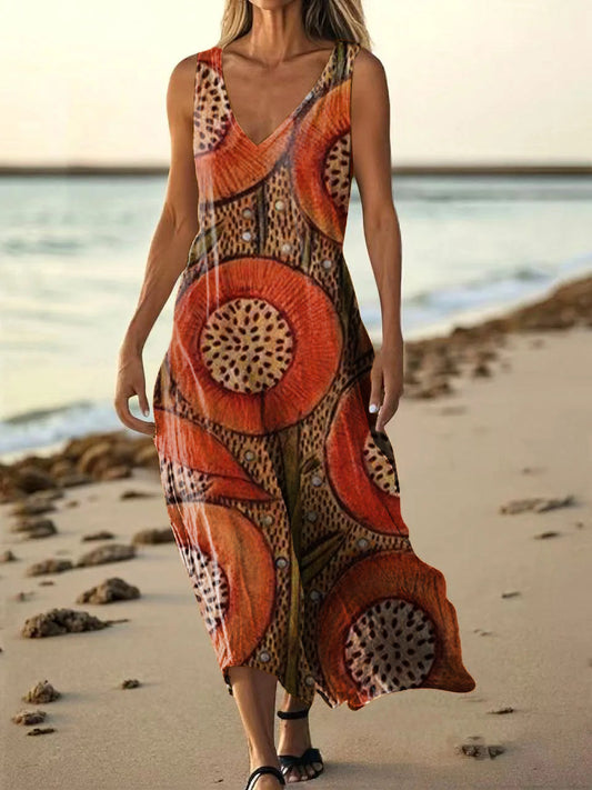 Women's Vintage Bohemian Floral Art Print Pocket Cotton Dress