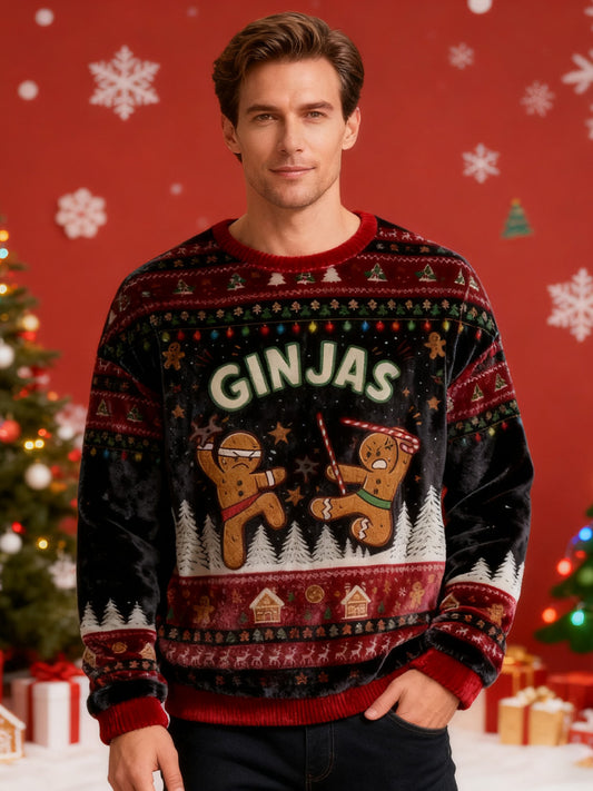 Gingerbread Ninjas In Battle Christmas Ugly Velvet Sweatshirt elevenforest
