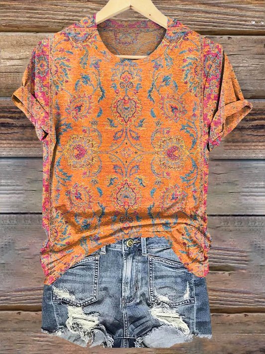 Women's Retro Ethnic Totem Pattern Print Crew Neck Casual T-Shirt