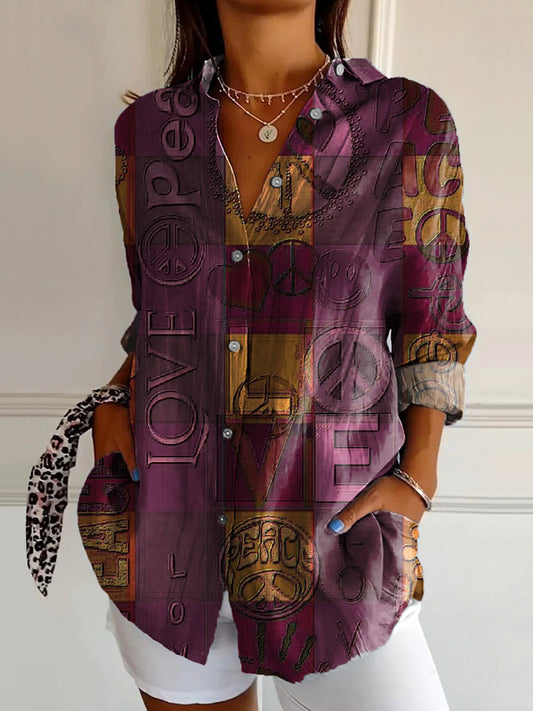 Women's Hippie Peace Art Print Casual Cotton Shirt