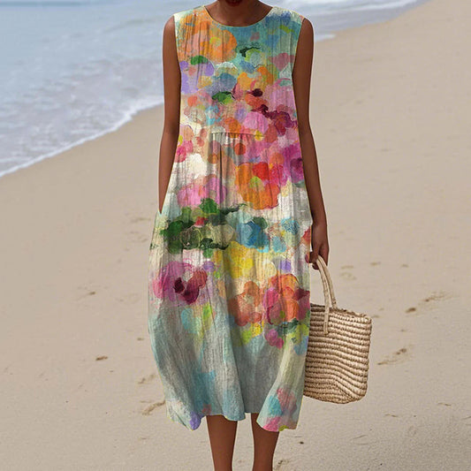 Women's Vintage Colorful Floral Art Linen Vest Dress elevenforest