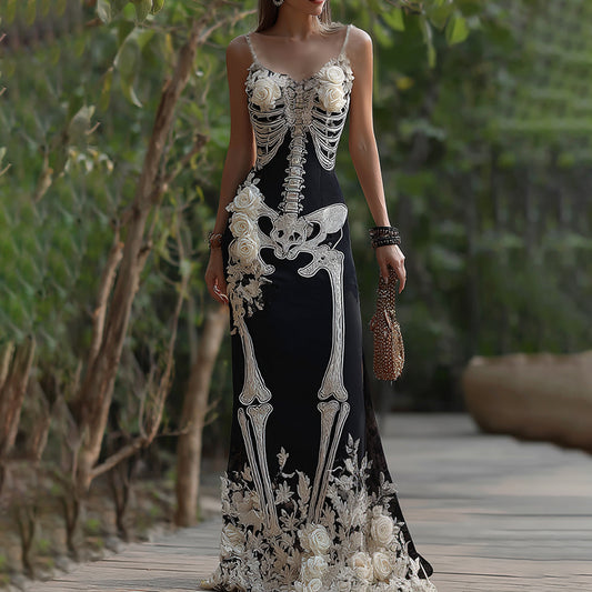 Women's Vintage Halloween Skeleton Bones With Rose Art Cozy Sleeveless Maxi Dress elevenforest