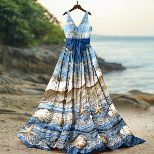 Women's Starfish & Sea Shells Sea Waves Art Linen Tank Midi Dress elevenforest