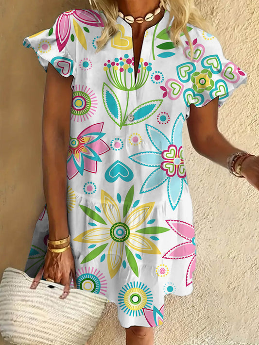 Cute Multicolor Flower Print Ruffled Short-sleeved V-neck Buttoned Dress Vacation Beach Dress