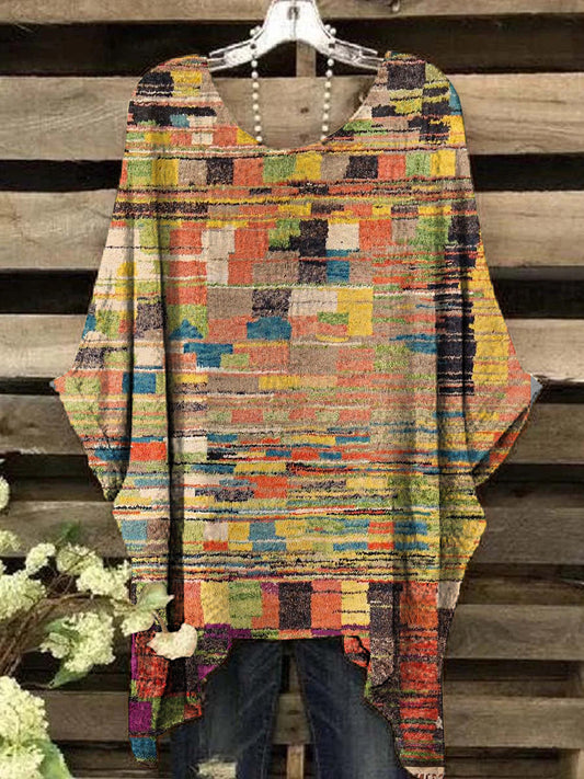 Women's Vintage Abstract Square Pattern Crew Neck Top