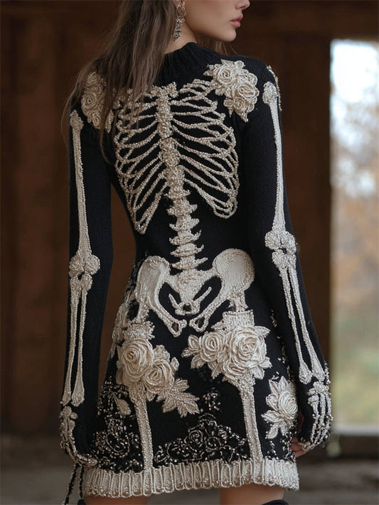 Comstylish Classy Skeleton Floral Glitter Beaded Cozy Knit Sweater Dress