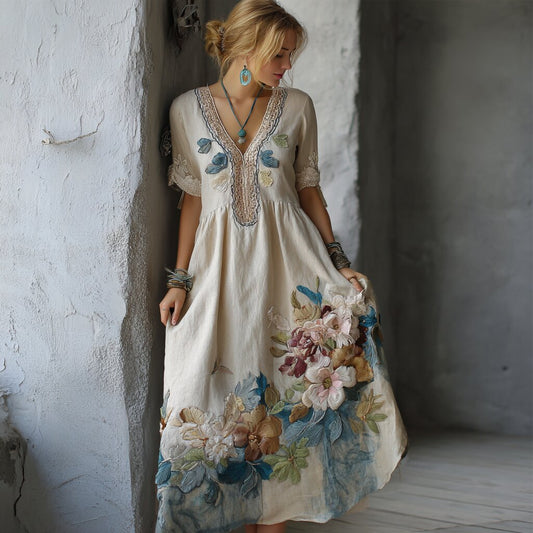 Women's Retro Floral Embroidery Cotton And Linen V-neck Dress elevenforest