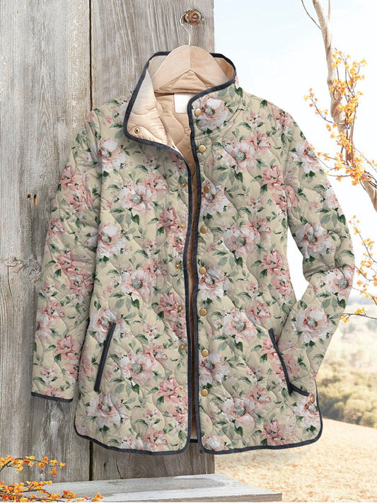 Oil Painting Peony Floral Pattern Printed Women's Casual Quilted Cardigan