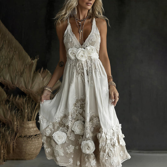 Women's Vintage Rose Embroidery Art V-neck Casual Camisole Dress elevenforest