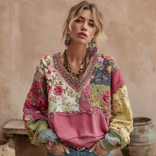 Women's Bohemian Flower Embroidery Patchwork Art V-neck Casual Sweatshirt