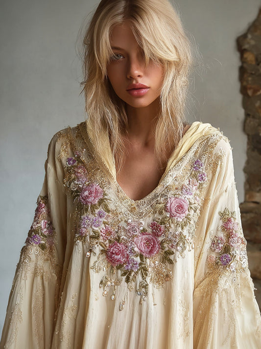 Boho Floral Embroidery Women's Linen Hoodie elevenforest