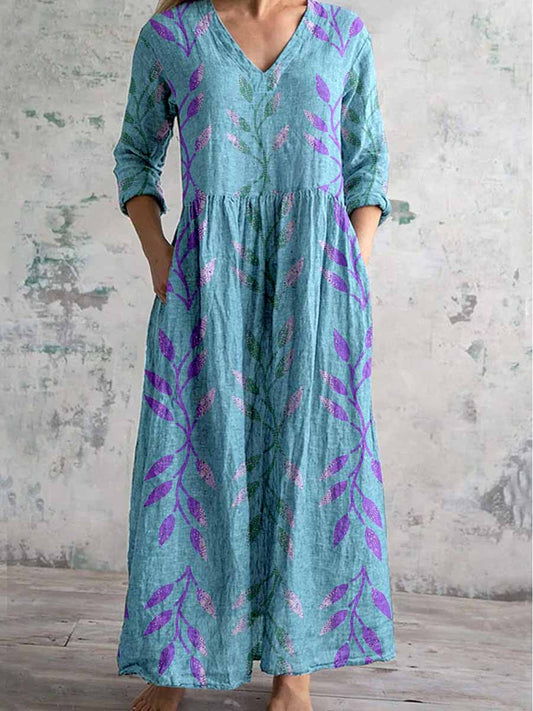 Women's V-Neck Retro Floral Pattern Cotton And Linen Dress